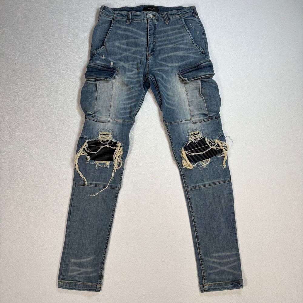 Amiri Cargo Jeans Men's 29x30 Light Blue Skinny Tapered Stitches Ripped Distress